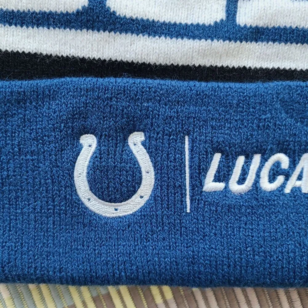Indianapolis Colts NFL Lucas Oil Beanie Knit Cap With Pom Horseshoe Blue & White